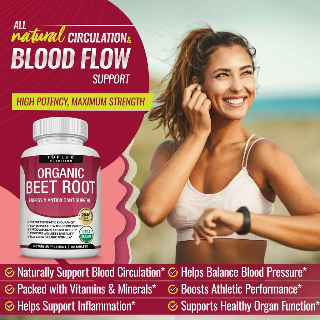 Organic Beet Root Powder Tablets 2040mg – Energy & Circulation Support (90 Ct)