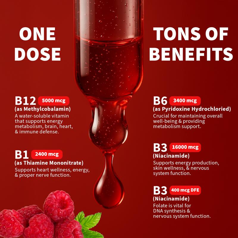 (1-PACKRaspberry) Vitamin B12 Liquid Supplement Drops  - Edible Support for Energy, Brain & Heart, Non-GMO & Gluten-Free, 4 FI Oz
