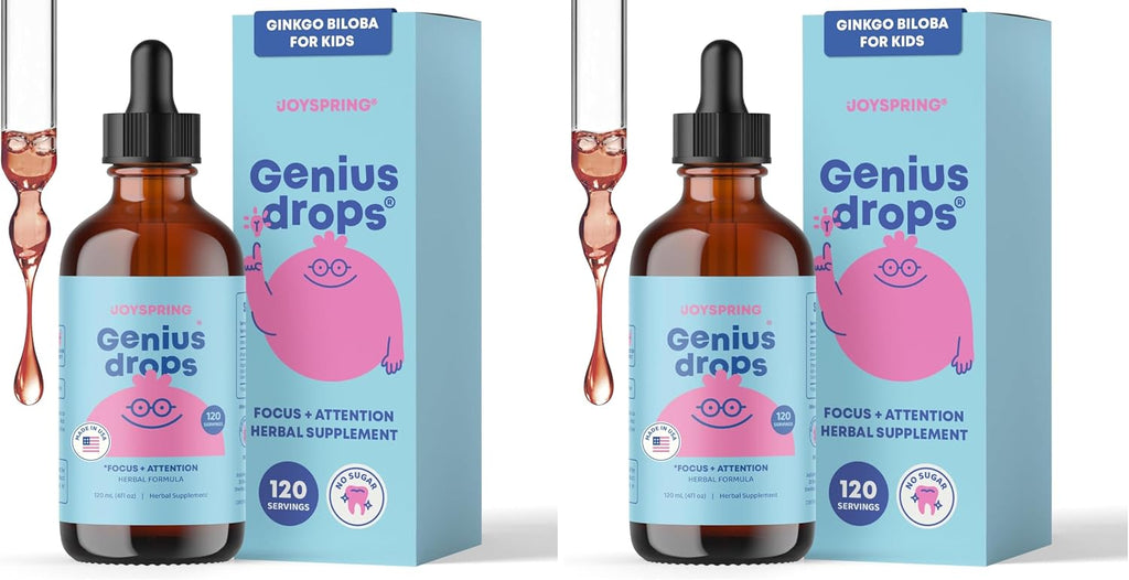 JoySpring Genius Drops for Kids | Clinically Proven Focus Supplement | Liquid Herbal Focus Supplement with Ginkgo Biloba for Kids (1 fl oz) 30 Servings