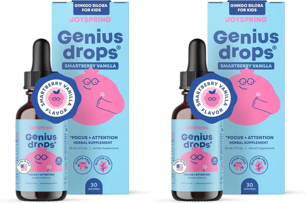 JoySpring Genius Drops for Kids | Clinically Proven Focus Supplement | Liquid Herbal Focus Supplement with Ginkgo Biloba for Kids (1 fl oz) 30 Servings