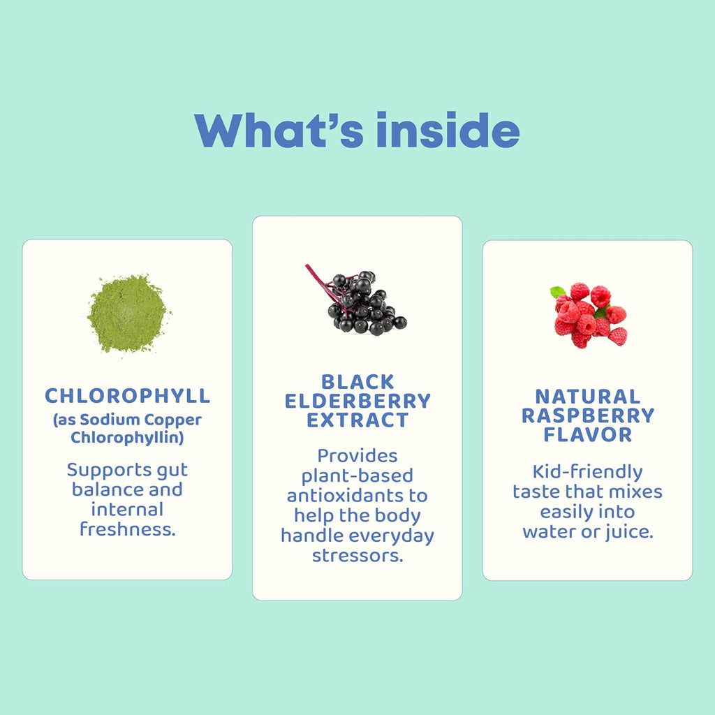 JoySpring Liquid Chlorophyll Drops for Kids | Super Greens for Kids Infused with Elderberry & Chlorophyll for Bad Breath | Sugar Free Body Deodorizing Supplement (1 fl oz, Berry Flavor, 30 Servings)