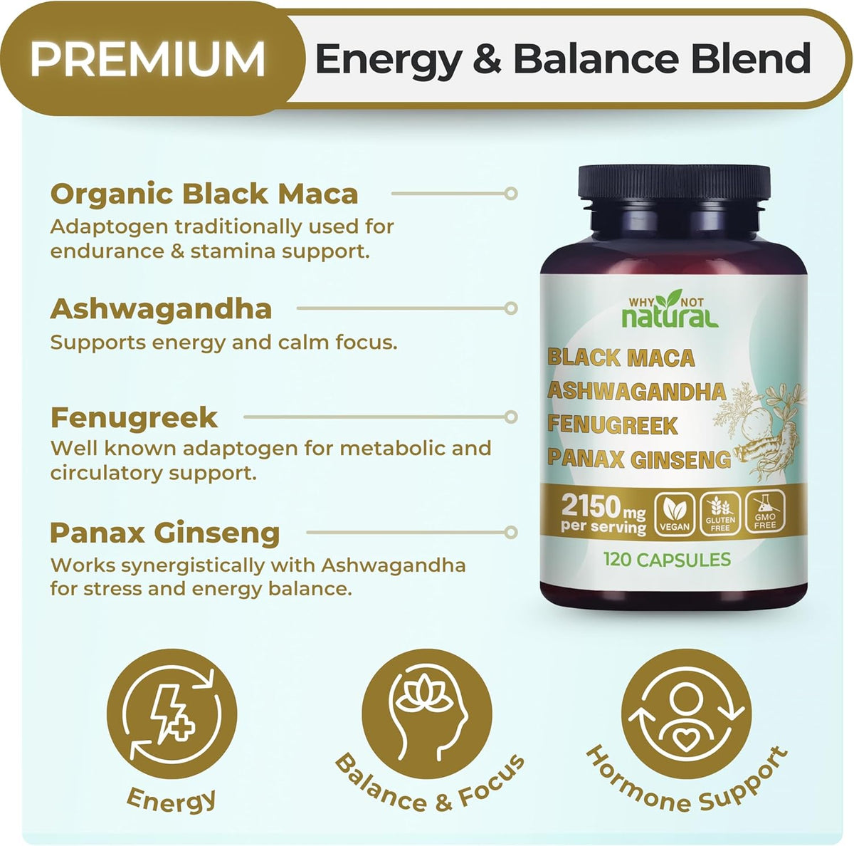 Why Not Natural 4-in-1 Organic Black Maca Root, Ashwagandha, Fenugreek, Panax Ginseng Capsules, Supplement for Men and Women