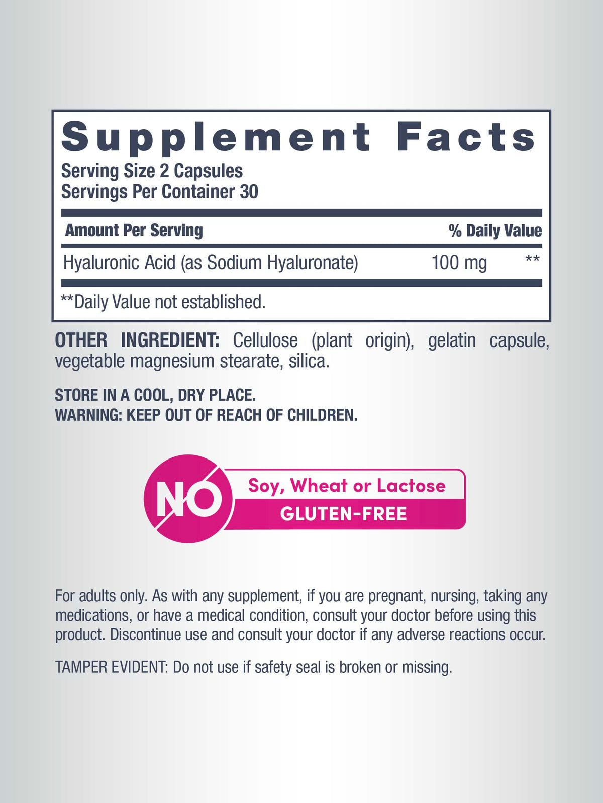 Hyaluronic Acid 100 mg, 60 Vegan Capsules