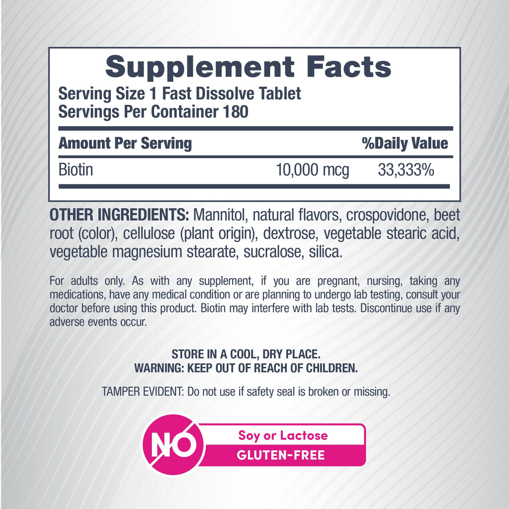 Biotin 10,000 MCG Fast Dissolve, 180 Fast Dissolve Tablets