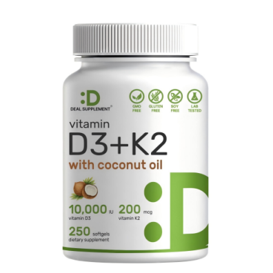 D3 & K2 MK-7 Synergy Complex | Supports Immune, Bone & Dental Health | 250 Easy-Swallow Softgels with Coconut Oil
